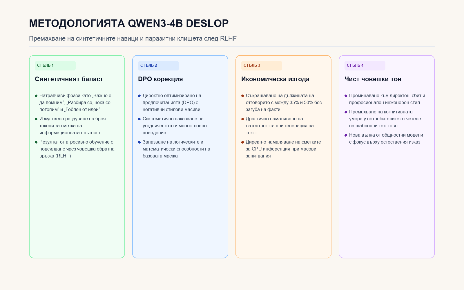 Стълбове на методологията за изчистване на стилови клишета от Qwen3-4B