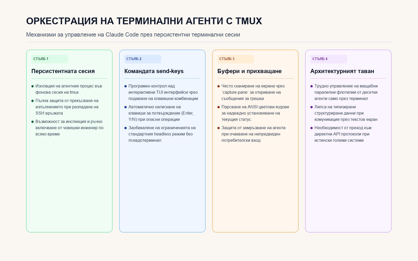 Стълбове на оркестрацията на терминални агенти с Tmux и нейните архитектурни граници
