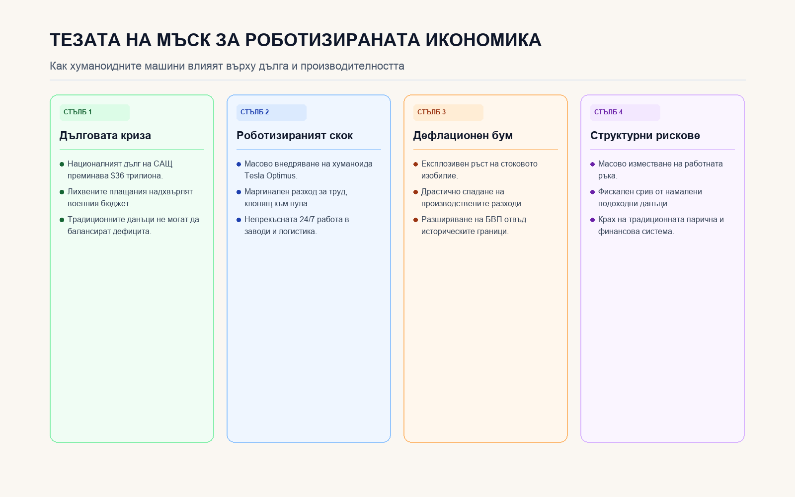 Инфографика: Тезата на Мъск за роботизираната икономика