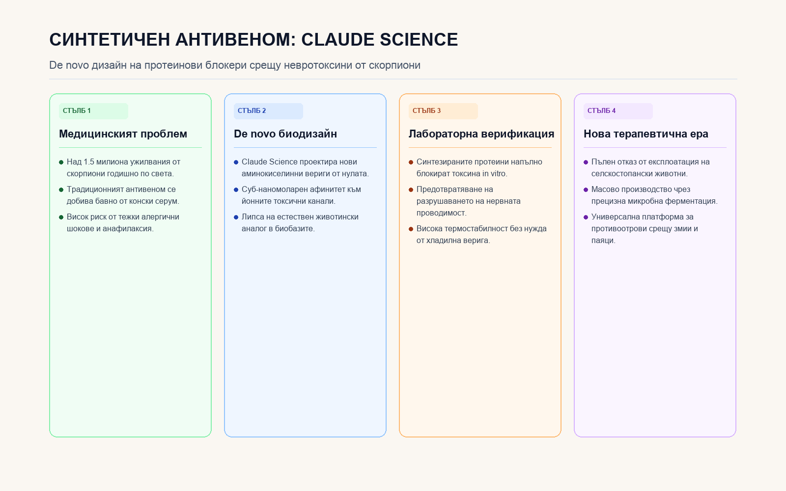 Инфографика: De novo протеиновият дизайн на Claude Science срещу токсини