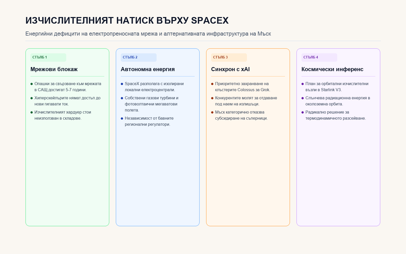 Инфографика: Енергийното предимство на SpaceX в AI инфраструктурата