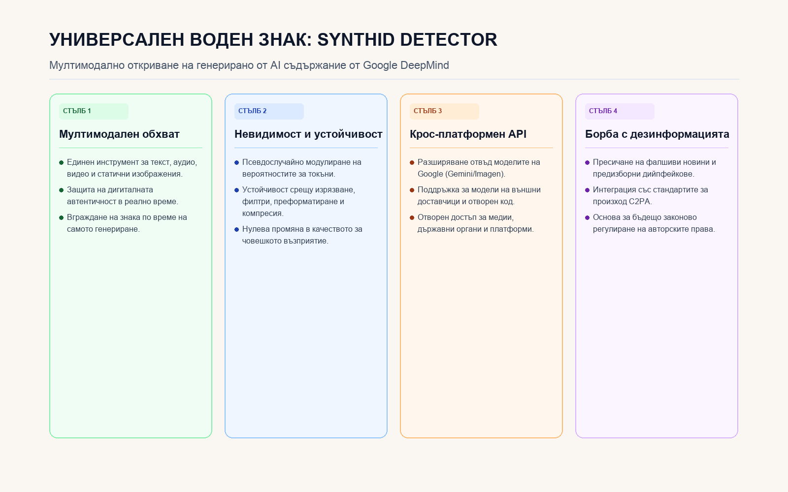 Инфографика: Мултимодалната архитектура на водно маркиране SynthID