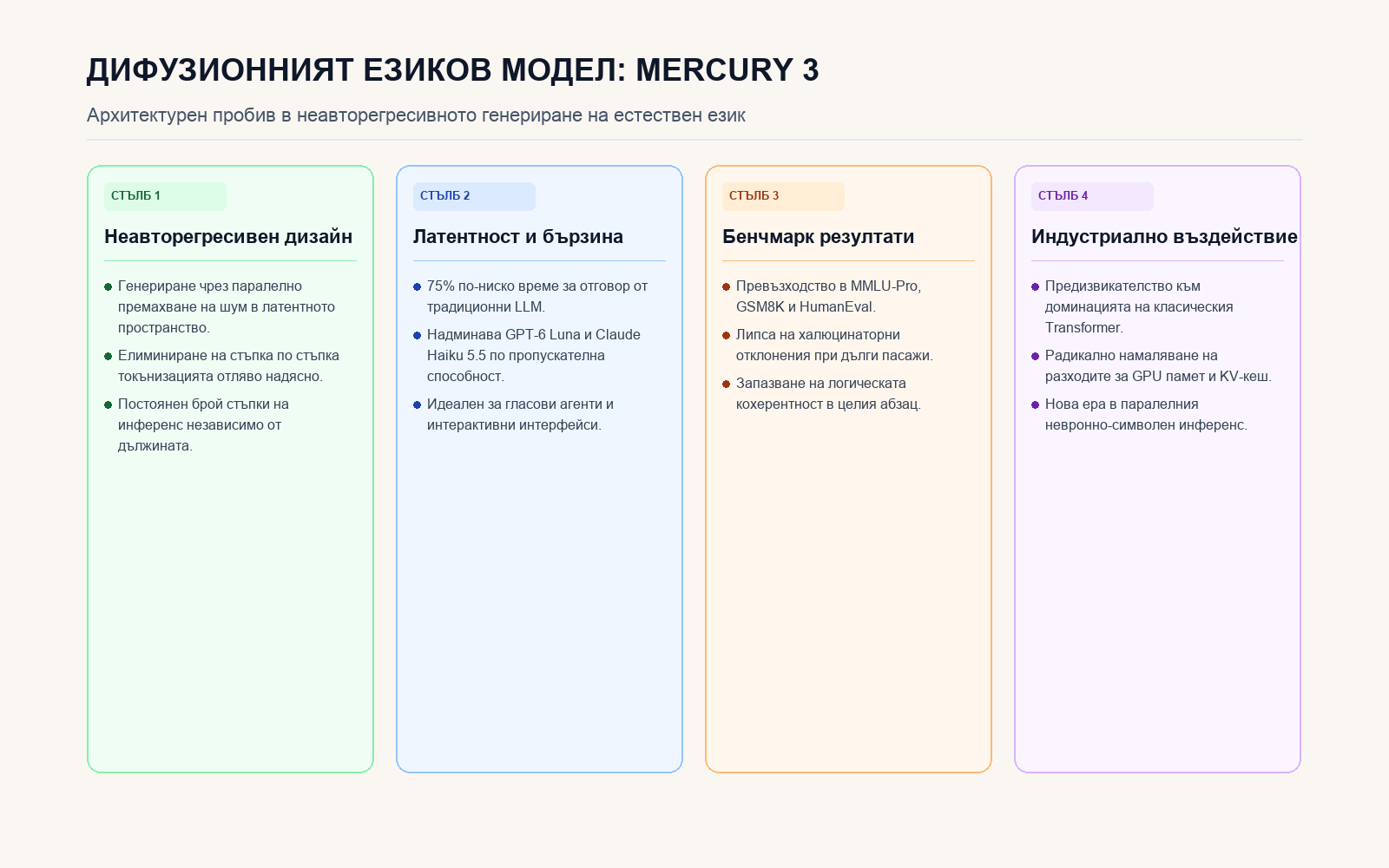 Инфографика: Архитектурни предимства на дифузионния модел Mercury 3