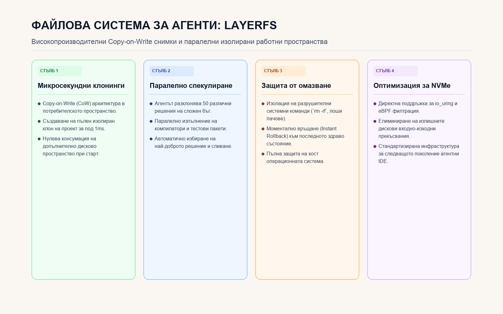 Инфографика: Архитектурни слоеве и механизми на файловата система LayerFS