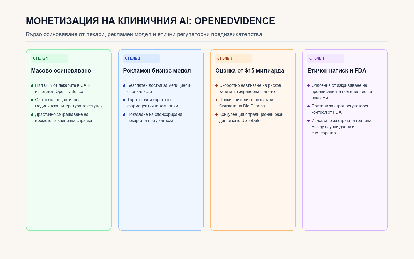 Инфографика: Бизнес моделът и етичните предизвикателства пред OpenEvidence