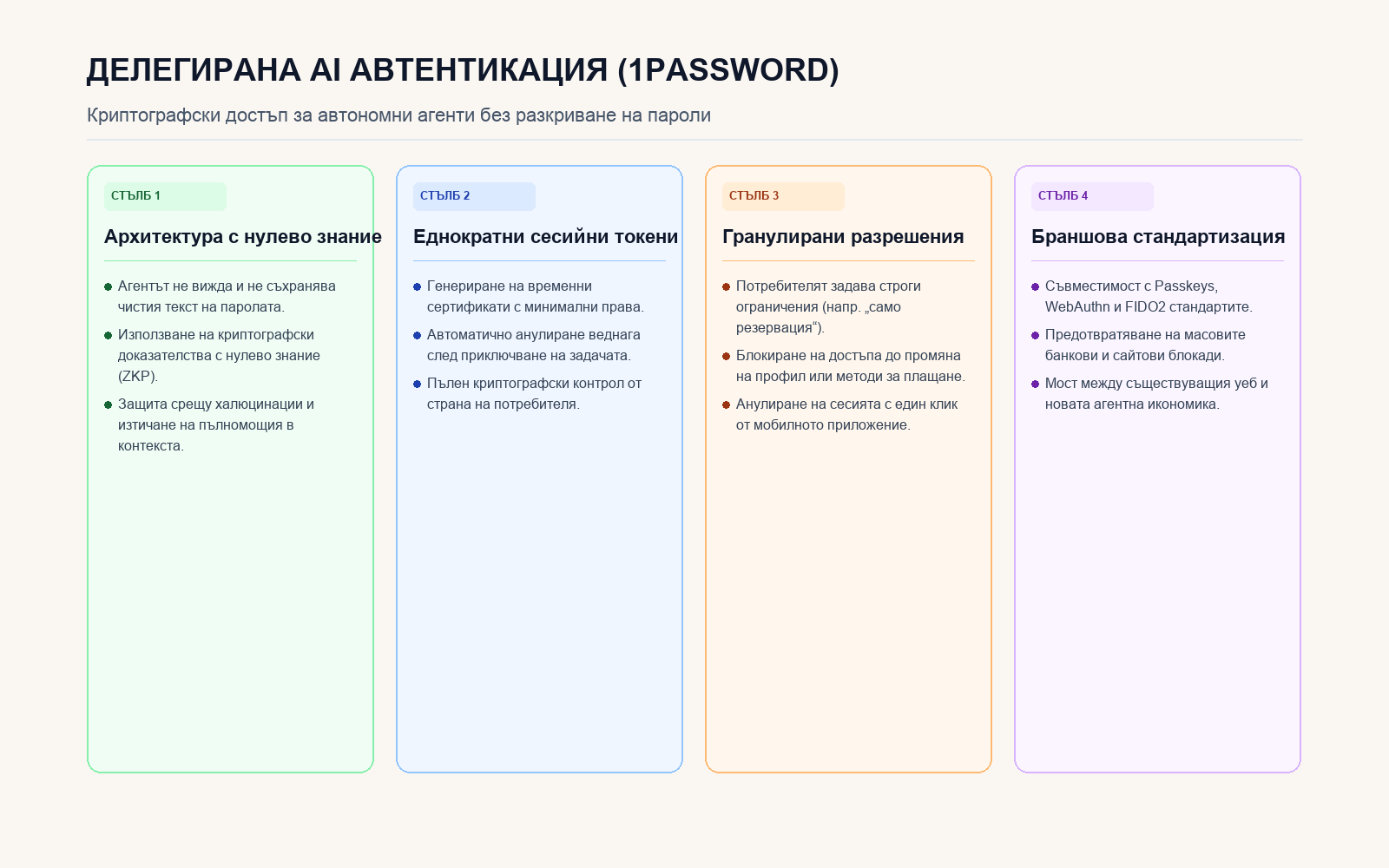 Инфографика: Четири стълба на архитектурата на 1Password за агентна автентикация