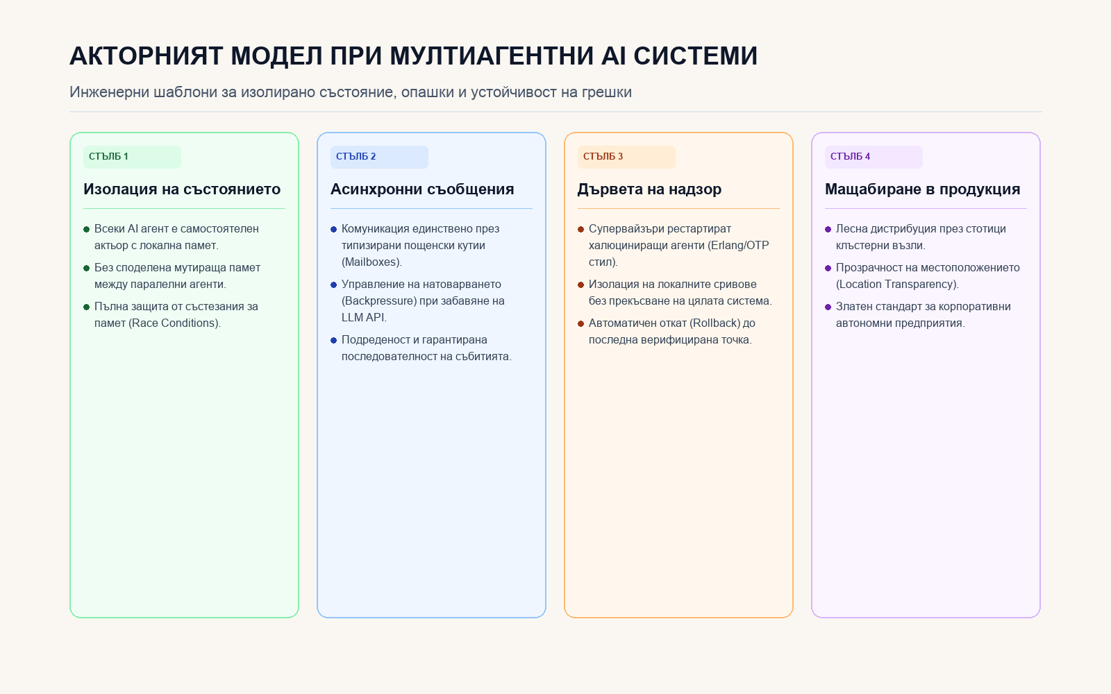 Инфографика: Четири ключови стълба на акторния модел за мултиагентни системи