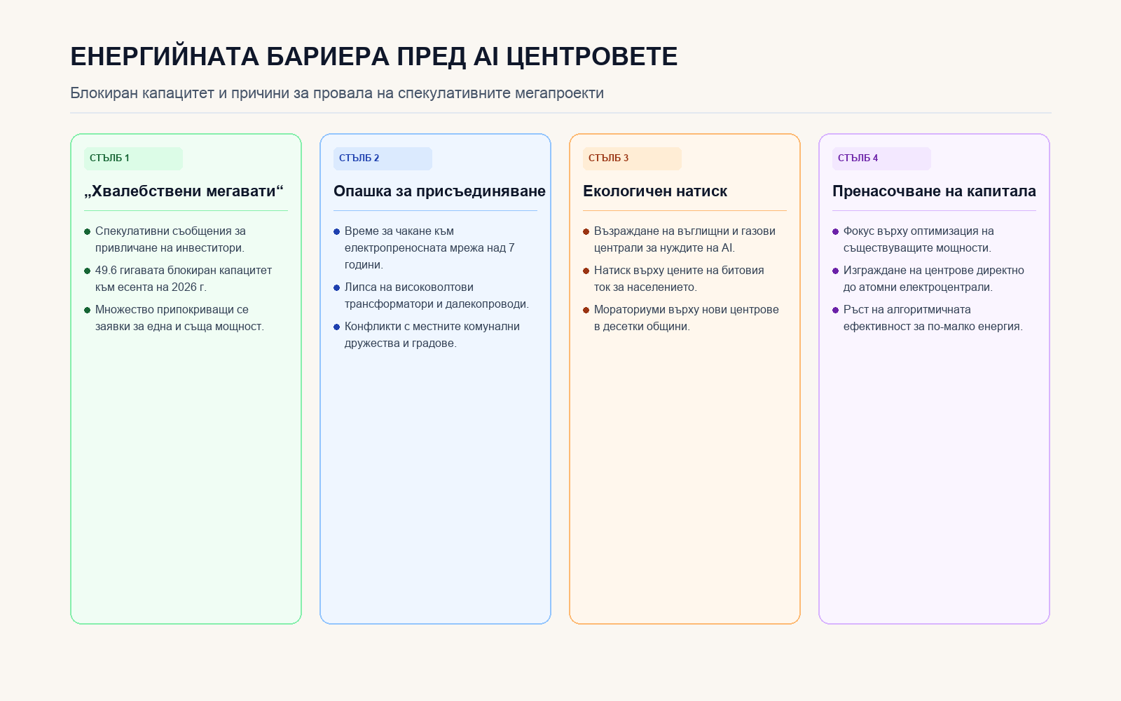 Инфографика: Четири фактора зад блокирания капацитет на AI центровете за данни