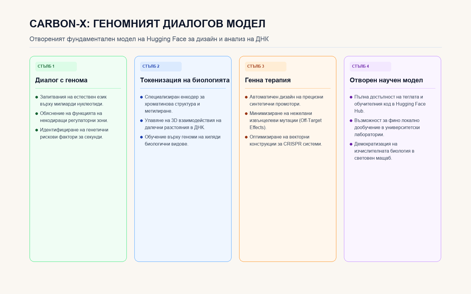 Инфографика: Четири ключови стълба на модела Carbon-X за ДНК моделиране