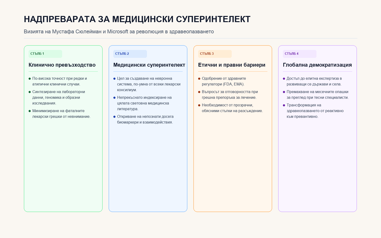 Инфографика: Четири ключови вектора в стремежа на Microsoft към медицински суперинтелект