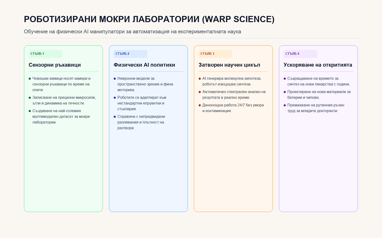 Инфографика: Четири стълба на роботизираната лаборатория на Warp Science