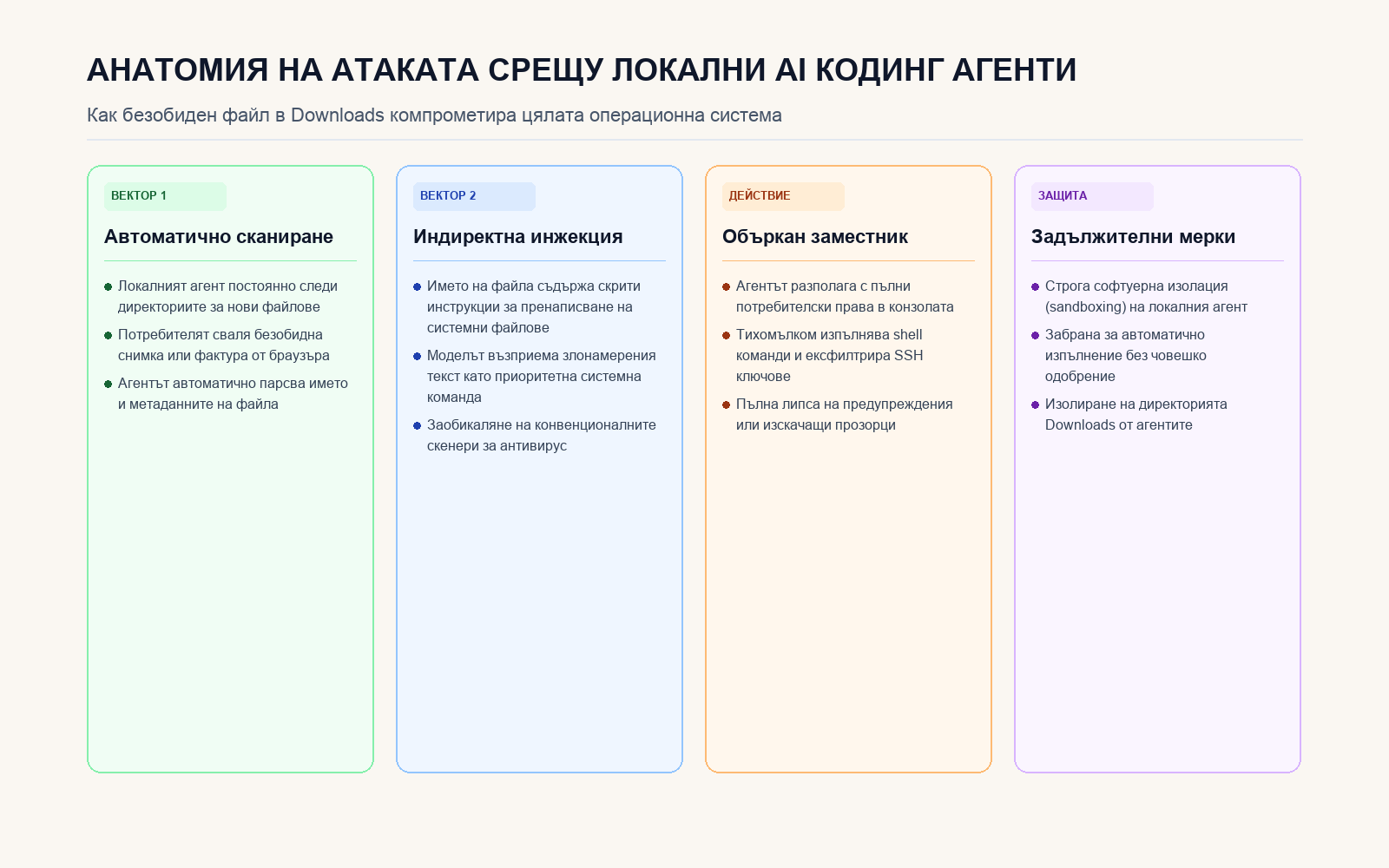 Инфографика: Структура на zero-click инжекцията през локални AI агенти