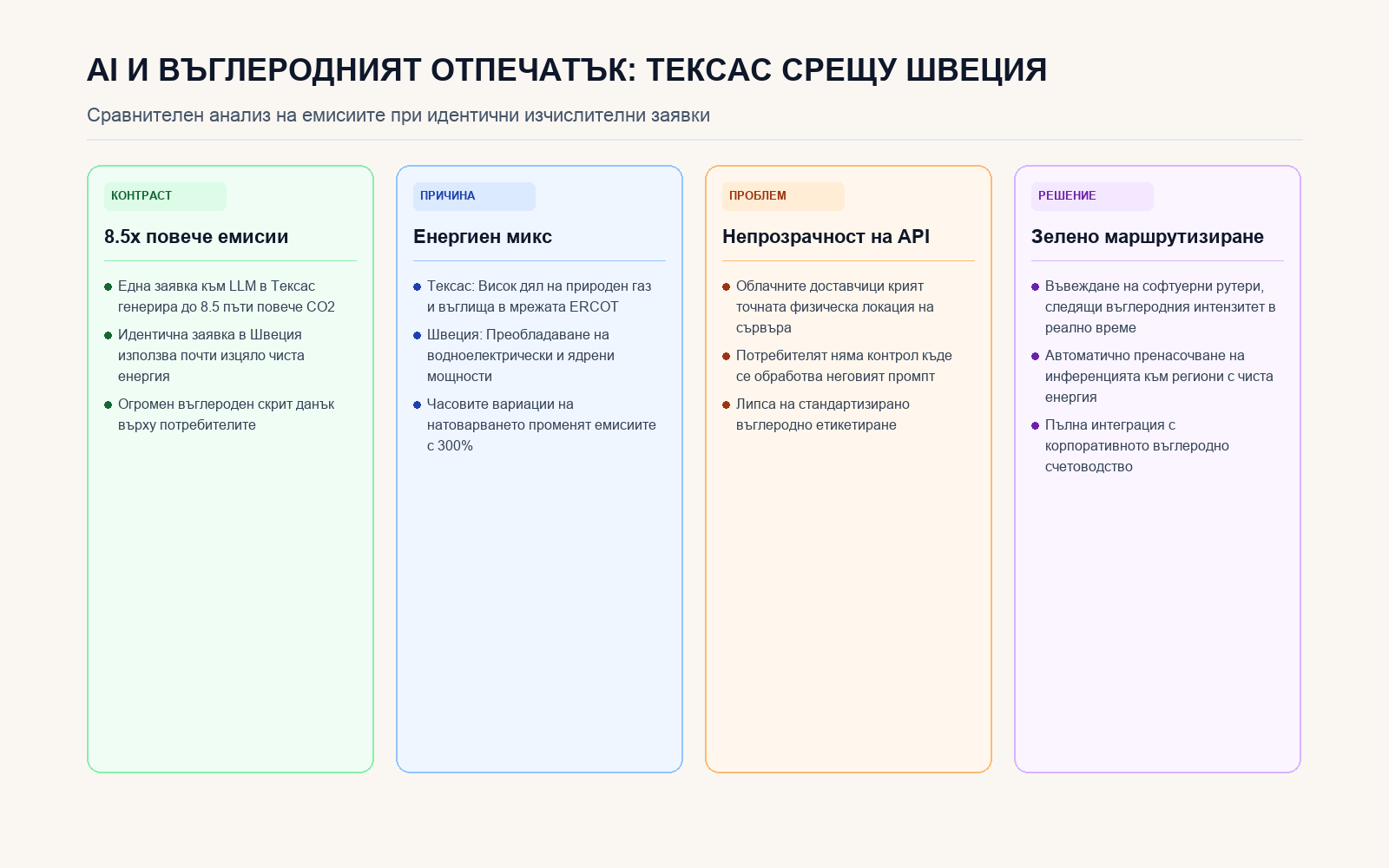 Инфографика: Въглеродният контраст между енергийните мрежи при AI заявки