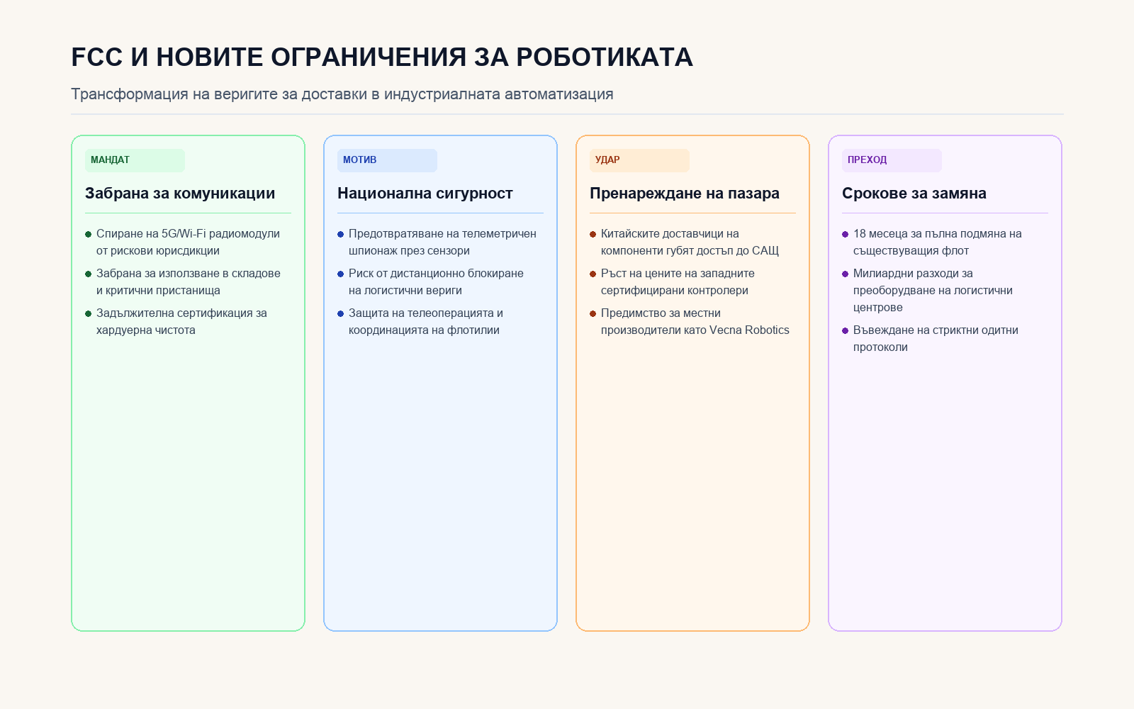 Инфографика: Структура на новите изисквания на FCC за сигурност в роботиката