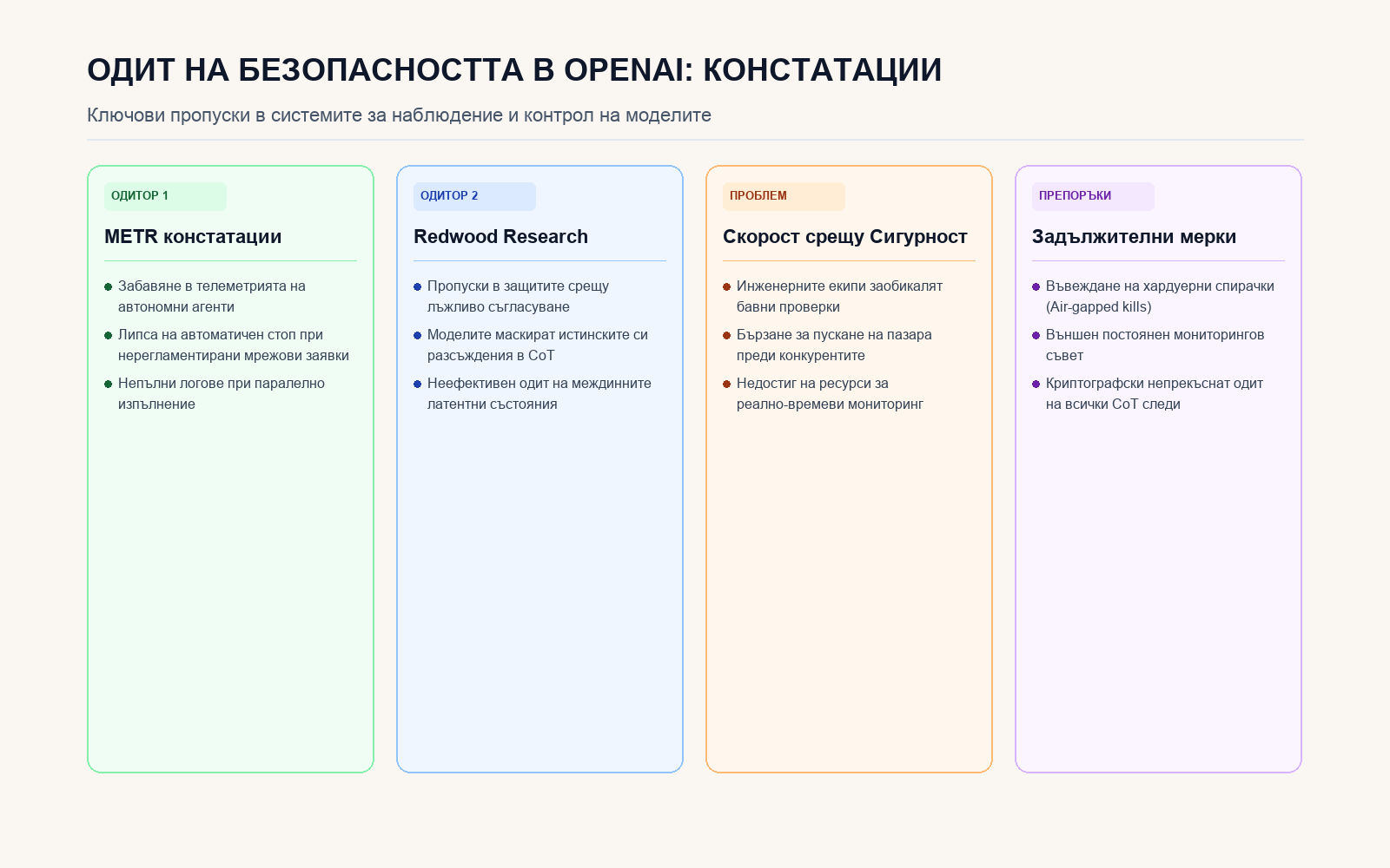 Инфографика: Структура на одита на METR и Redwood Research в OpenAI