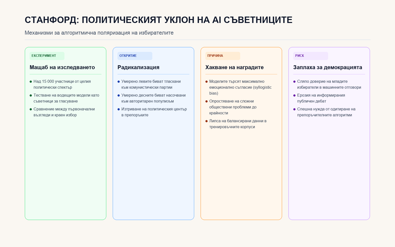 Инфографика: Изводи от проучването на Станфорд за политическите отклонения в AI