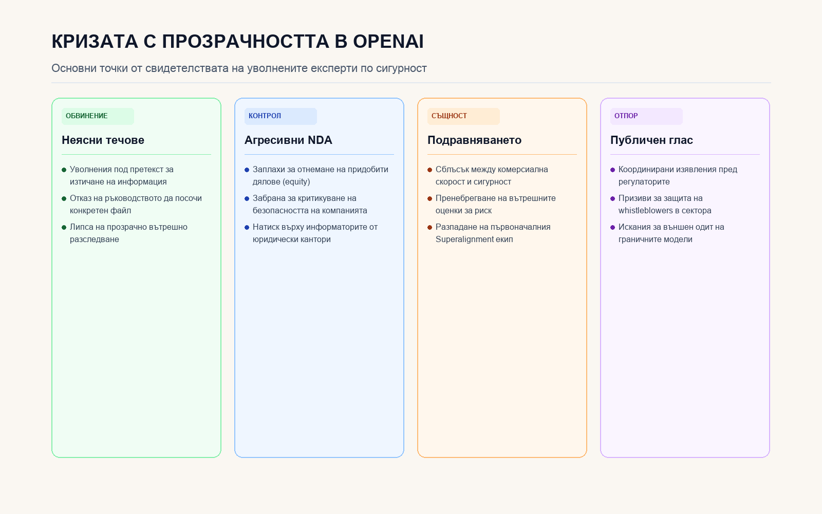 Инфографика: Кризата с прозрачността в OpenAI