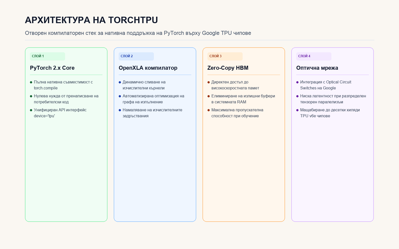 Инфографика: Архитектурен стек на TorchTPU за интеграция на PyTorch с хардуера на Google