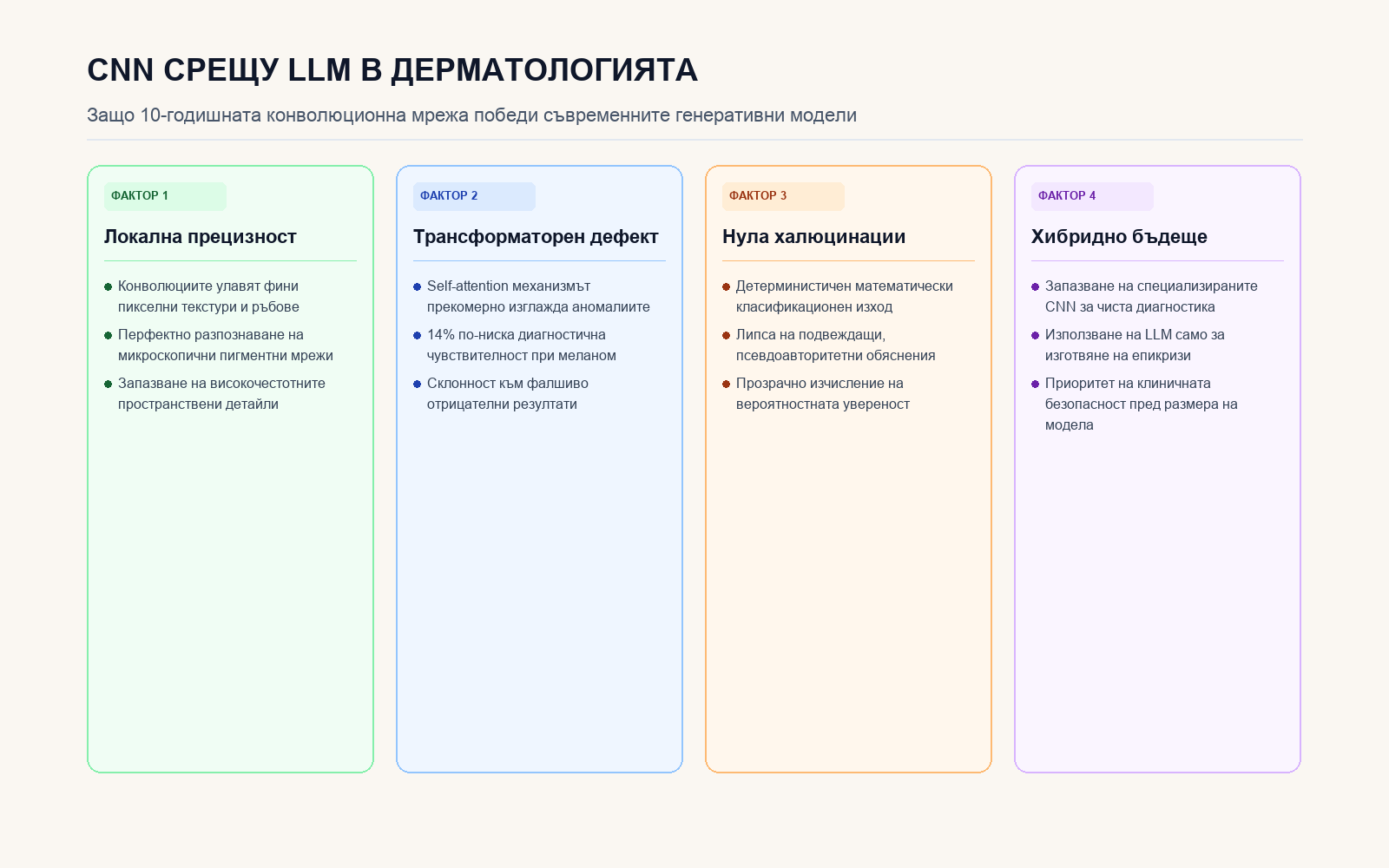Инфографика: Защо класическите CNN превъзхождат генеративните LLM в дерматологията