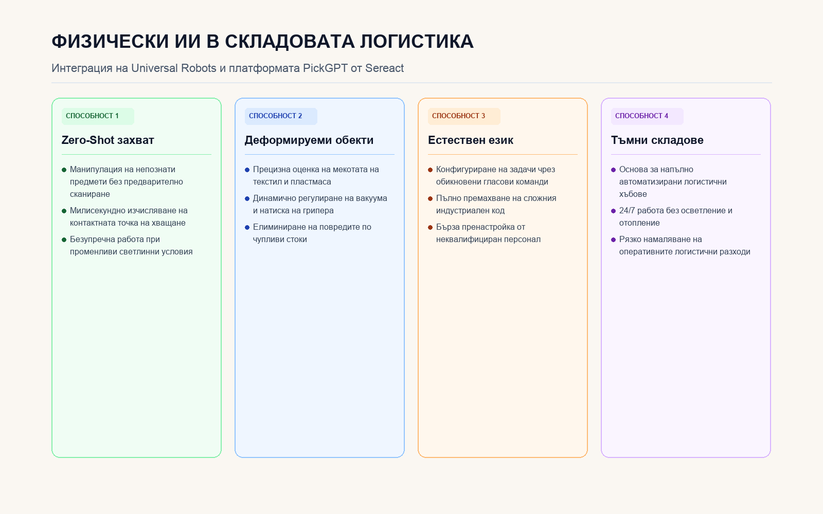 Инфографика: Физическият ИИ на Sereact и Universal Robots в логистиката