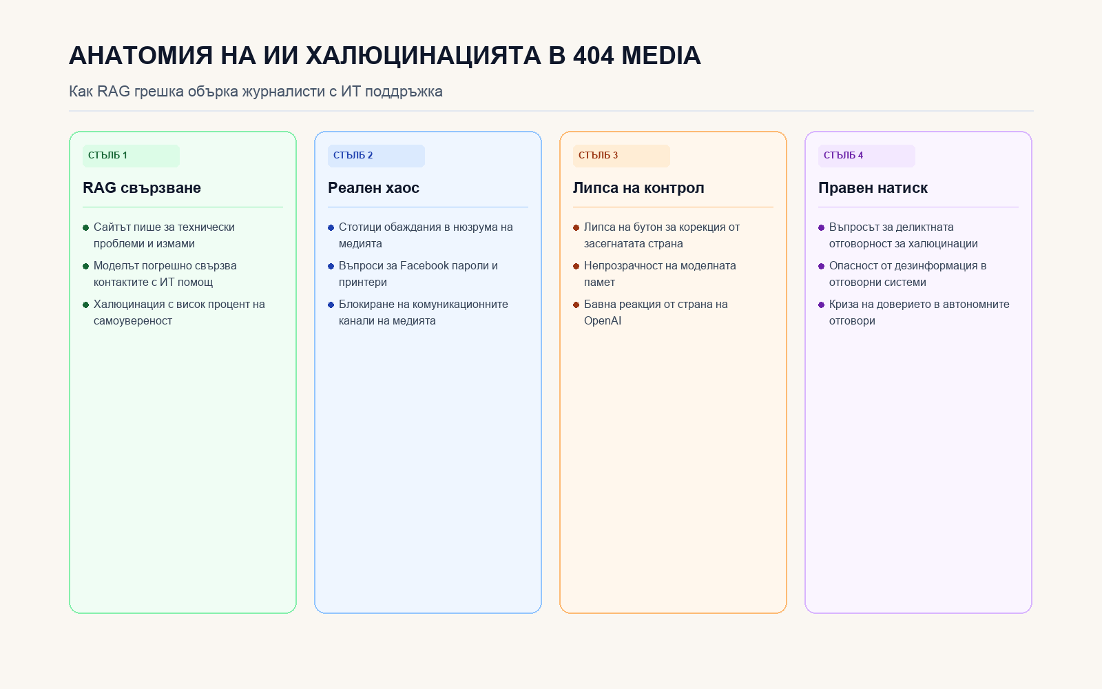 Инфографика: Анатомия на ИИ халюцинацията в 404 Media