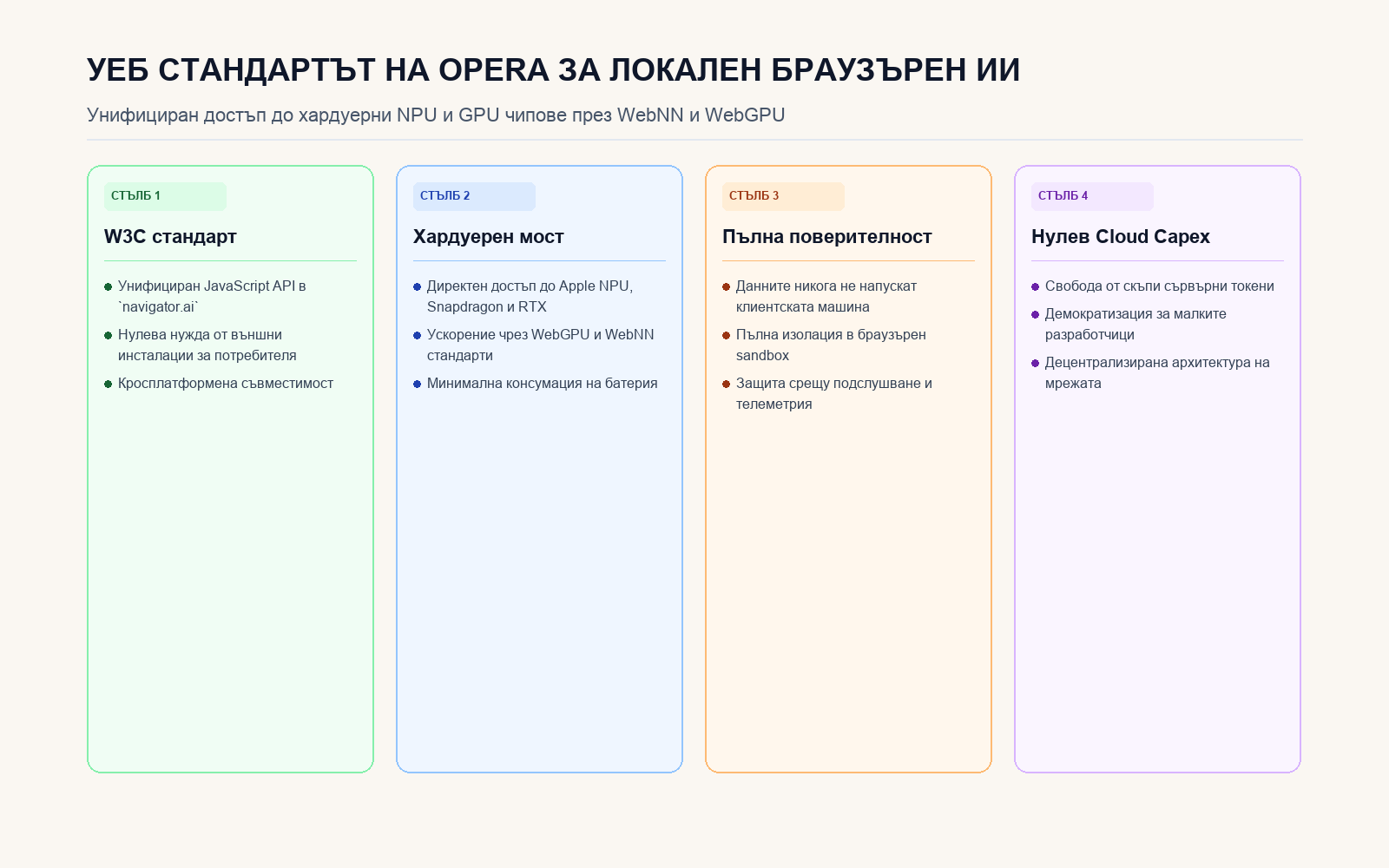Инфографика: Уеб стандартът на Opera за локален браузърен ИИ