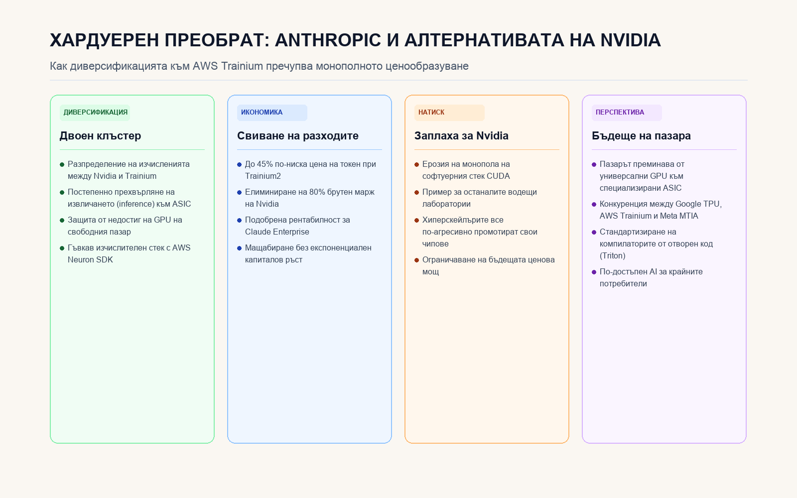 Инфографика: ХАРДУЕРЕН ПРЕОБРАТ: ANTHROPIC И АЛТЕРНАТИВАТА НА NVIDIA
