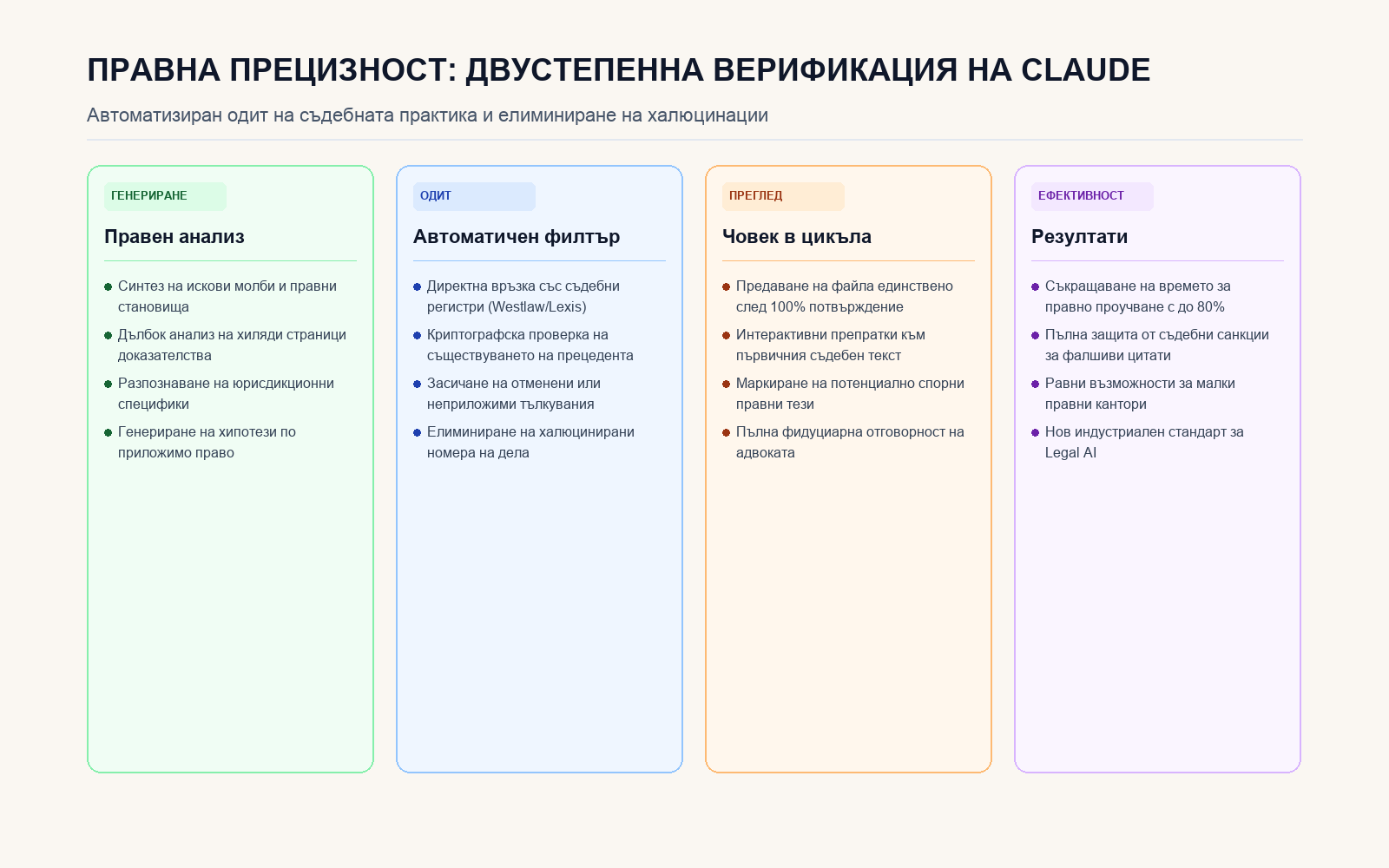 Инфографика: ПРАВНА ПРЕЦИЗНОСТ: ДВУСТЕПЕННА ВЕРИФИКАЦИЯ НА CLAUDE