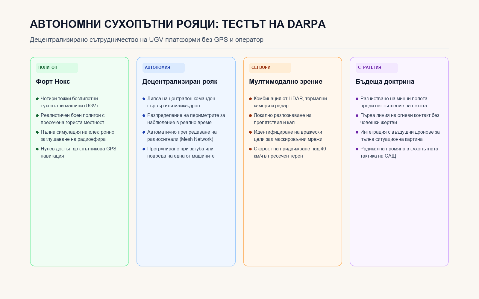 Инфографика: АВТОНОМНИ СУХОПЪТНИ РОЯЦИ: ТЕСТЪТ НА DARPA