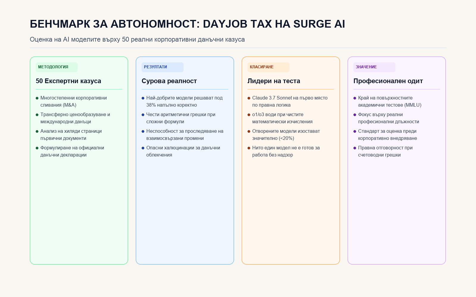 Инфографика: БЕНЧМАРК ЗА АВТОНОМНОСТ: DAYJOB TAX НА SURGE AI
