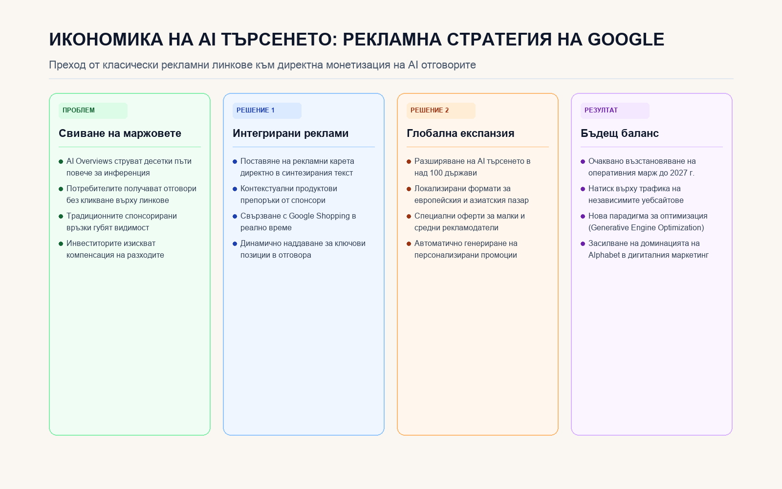 Инфографика: ИКОНОМИКА НА AI ТЪРСЕНЕТО: РЕКЛАМНА СТРАТЕГИЯ НА GOOGLE