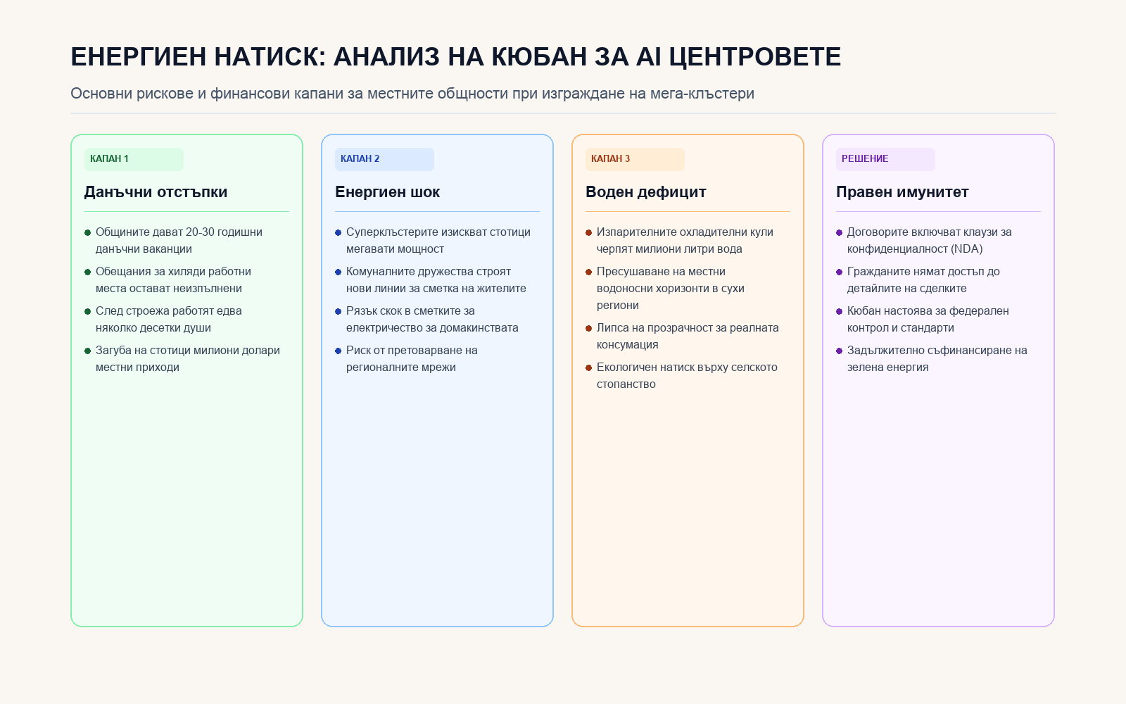 Инфографика: ЕНЕРГИЕН НАТИСК: АНАЛИЗ НА КЮБАН ЗА AI ЦЕНТРОВЕТЕ