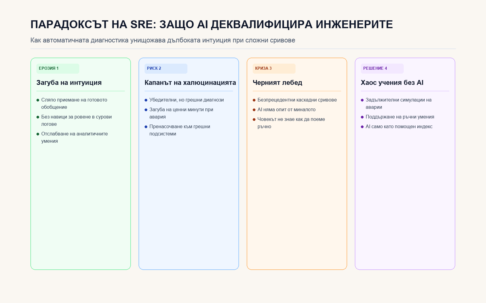 Инфографика: ПАРАДОКСЪТ НА SRE: ЗАЩО AI ДЕКВАЛИФИЦИРА ИНЖЕНЕРИТЕ