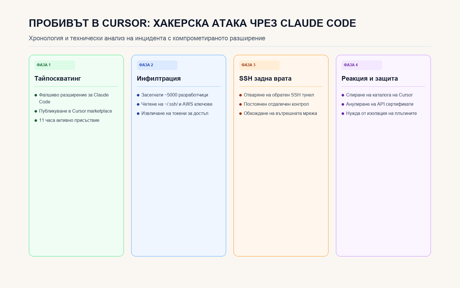Инфографика: ПРОБИВЪТ В CURSOR: ХАКЕРСКА АТАКА ЧРЕЗ CLAUDE CODE
