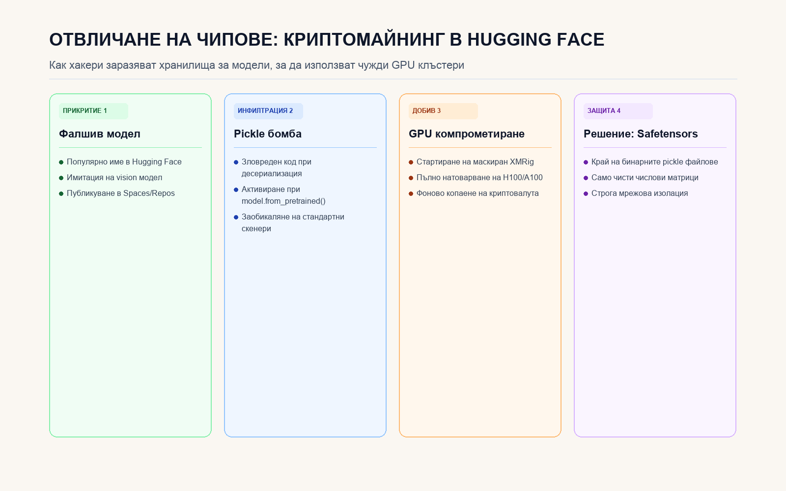 Инфографика: ОТВЛИЧАНЕ НА ЧИПОВЕ: КРИПТОМАЙНИНГ В HUGGING FACE