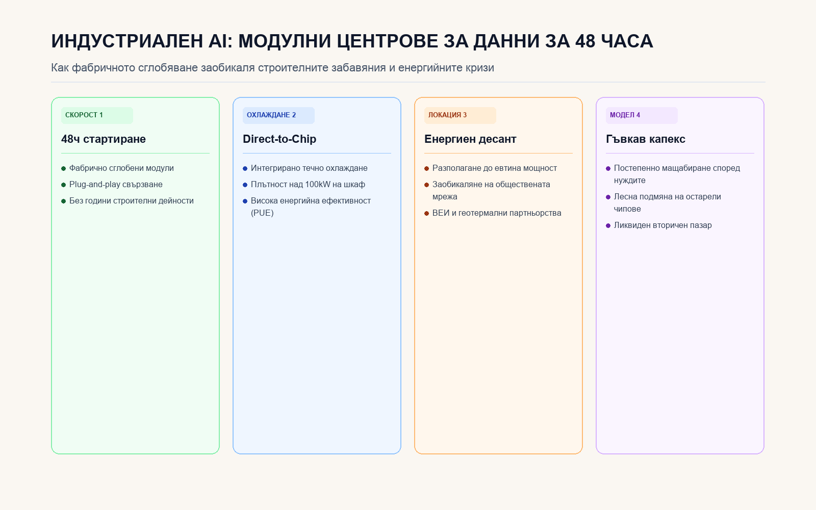Инфографика: ИНДУСТРИАЛЕН AI: МОДУЛНИ ЦЕНТРОВЕ ЗА ДАННИ ЗА 48 ЧАСА