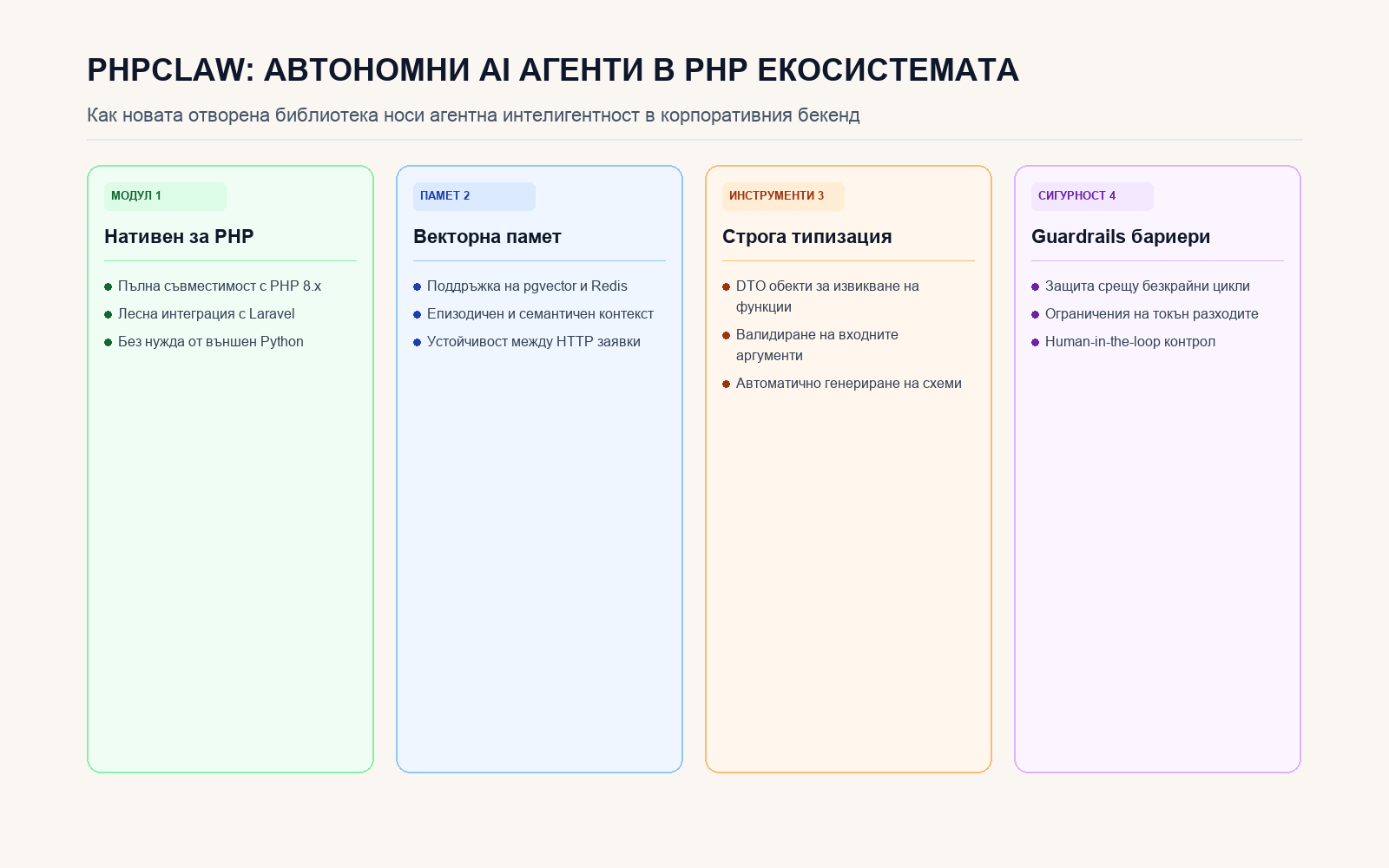 Инфографика: PHPCLAW: АВТОНОМНИ AI АГЕНТИ В PHP ЕКОСИСТЕМАТА