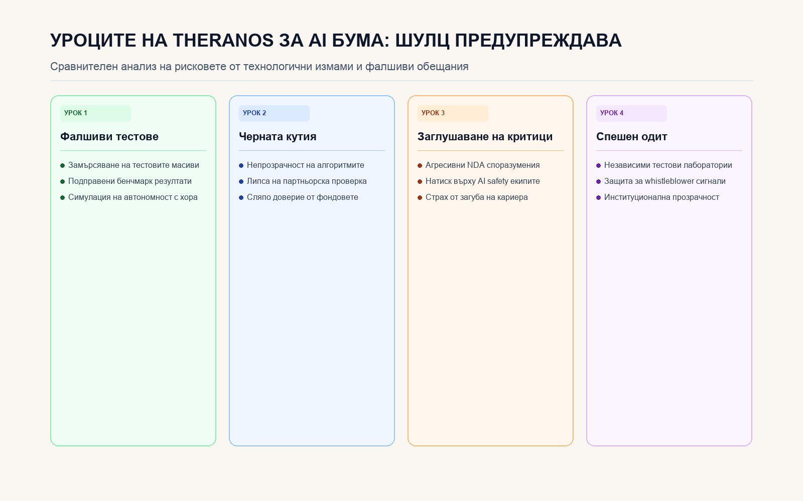 Инфографика: УРОЦИТЕ НА THERANOS ЗА AI БУМА: ШУЛЦ ПРЕДУПРЕЖДАВА