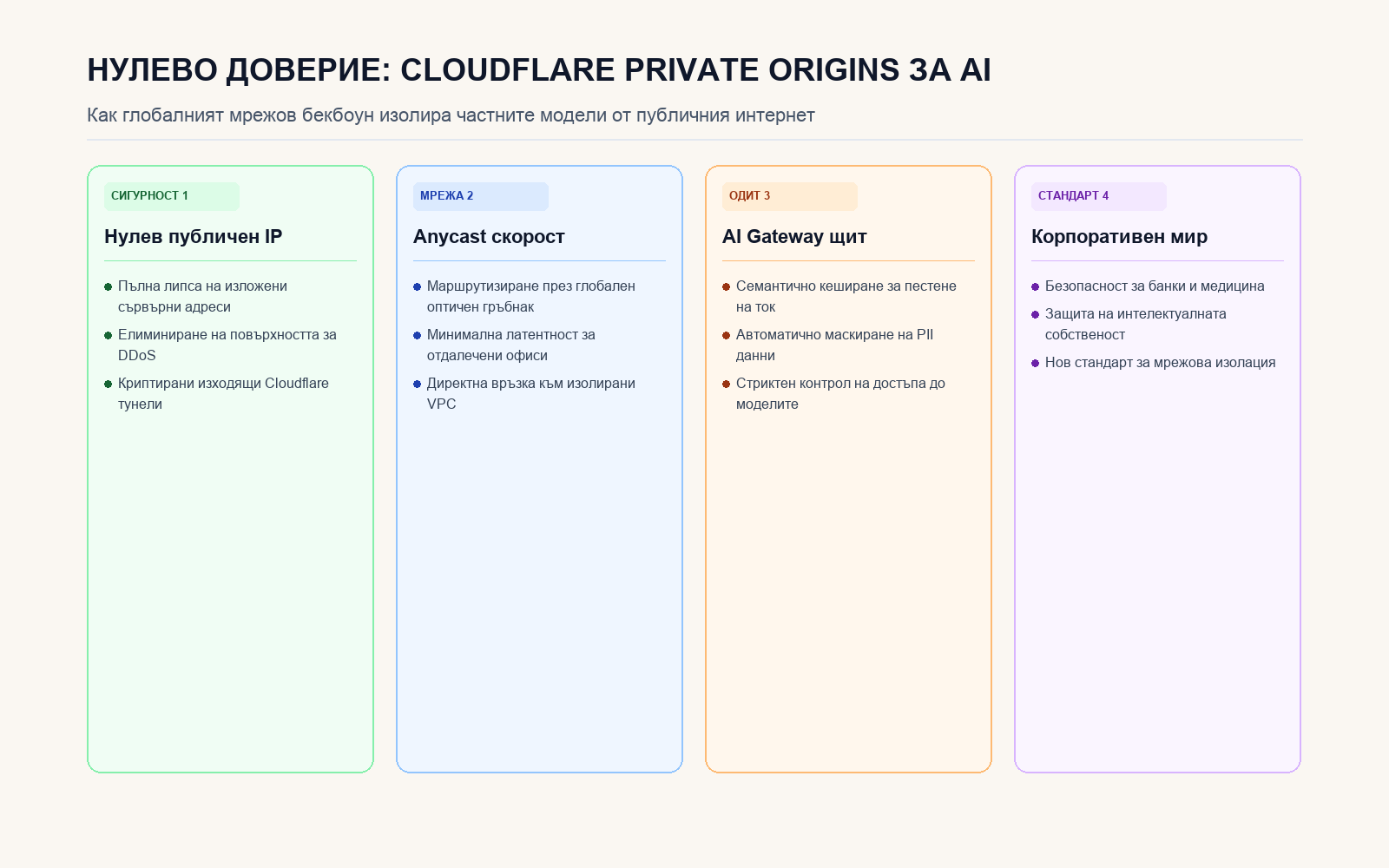 Инфографика: НУЛЕВО ДОВЕРИЕ: CLOUDFLARE PRIVATE ORIGINS ЗА AI