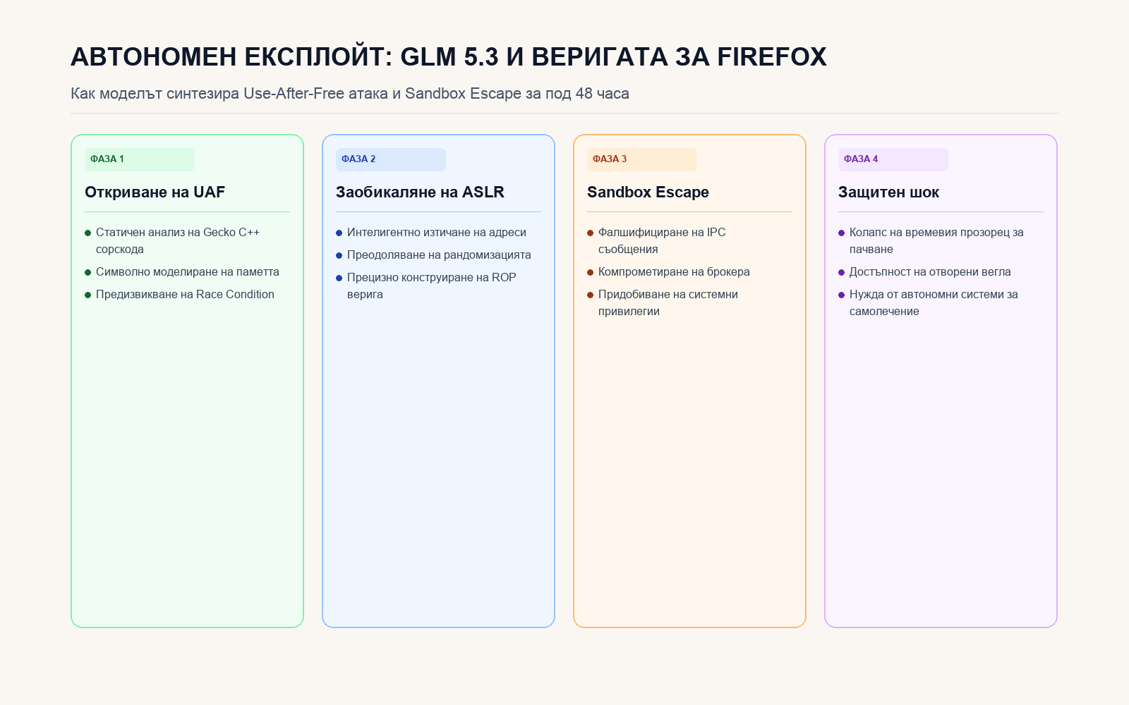 Инфографика: АВТОНОМЕН ЕКСПЛОЙТ: GLM 5.3 И ВЕРИГАТА ЗА FIREFOX