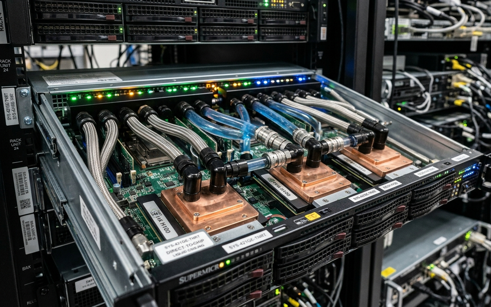Сървърен рак с течно охлаждани GPU ускорители и мониторинг на системните логове