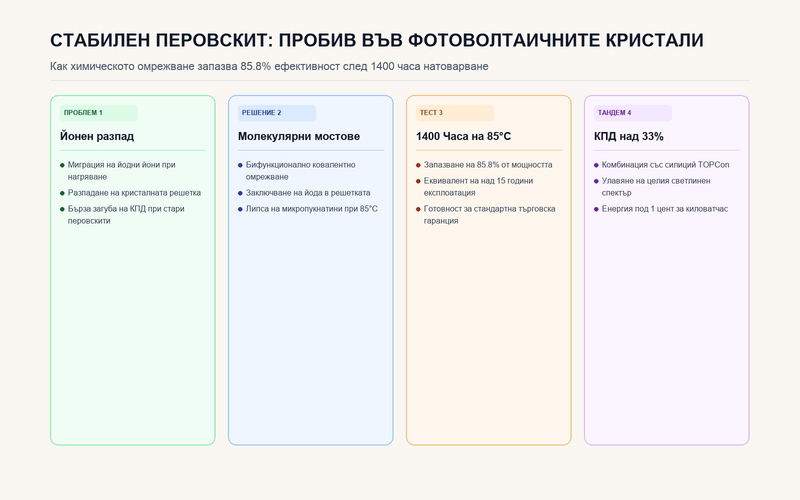 Инфографика: СТАБИЛЕН ПЕРОВСКИТ: ПРОБИВ ВЪВ ФОТОВОЛТАИЧНИТЕ КРИСТАЛИ
