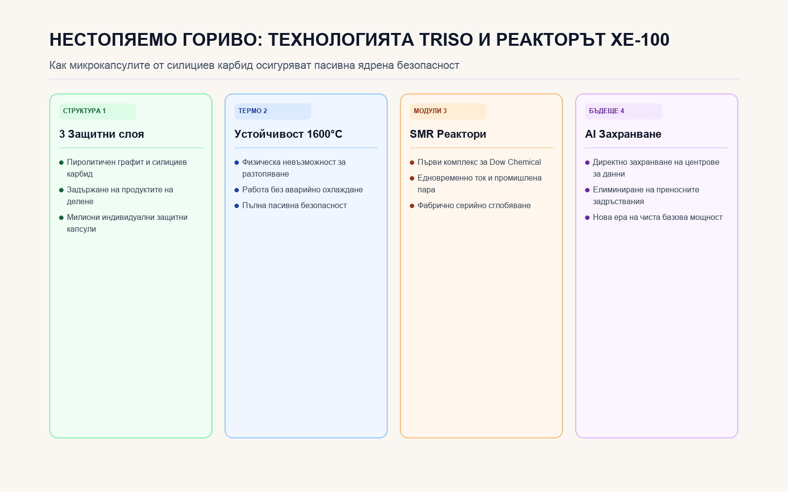 Инфографика: НЕСТОПЯЕМО ГОРИВО: ТЕХНОЛОГИЯТА TRISO И РЕАКТОРЪТ XE-100