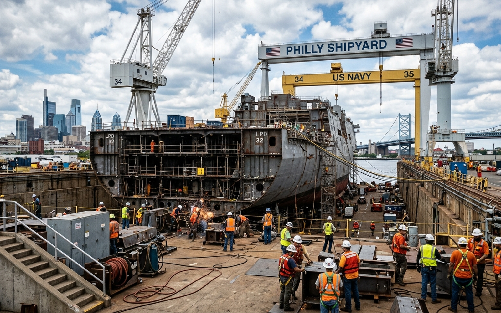 Сух док на Philly Shipyard с масивен корабостроителен портален кран