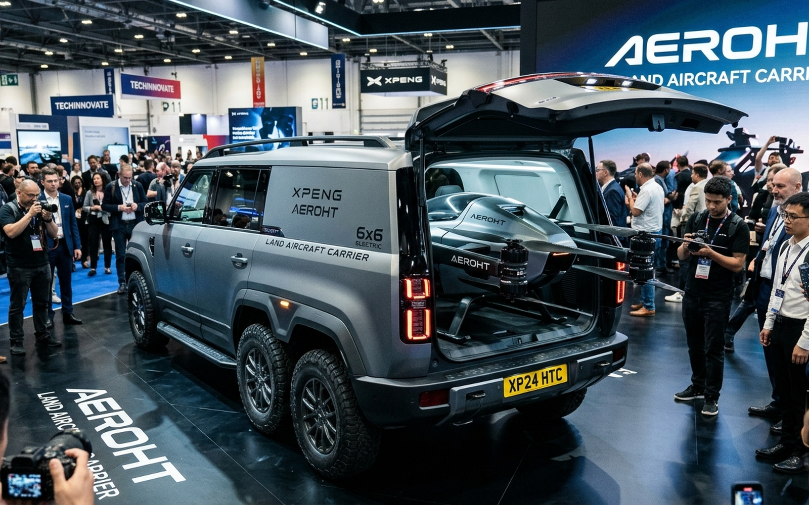 Модулният сухопътен самолетоносач Xpeng AeroHT 6x6 с двуместен eVTOL в задната част
